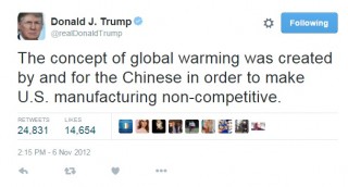 "Il concetto di riscaldamento globale +è stato creato da e per l'ordine mondiale dei Cinesi per rendere non competitiva l'industria americana",  ha dichiarato Trump con un tweet